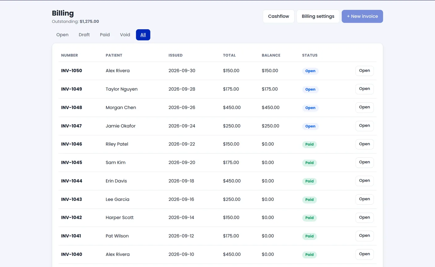The billing page listing invoices