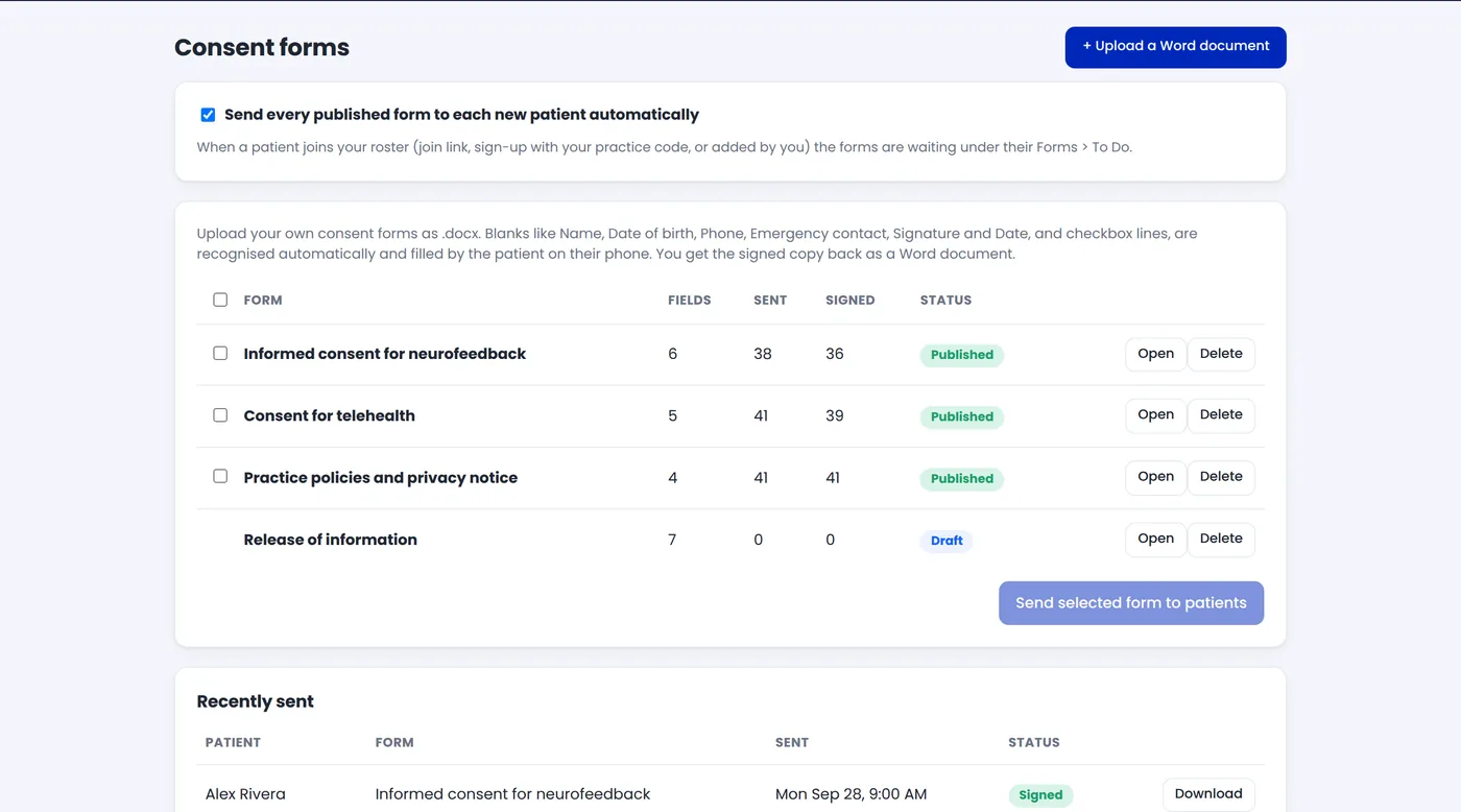 The consent forms page with sent and signed counts