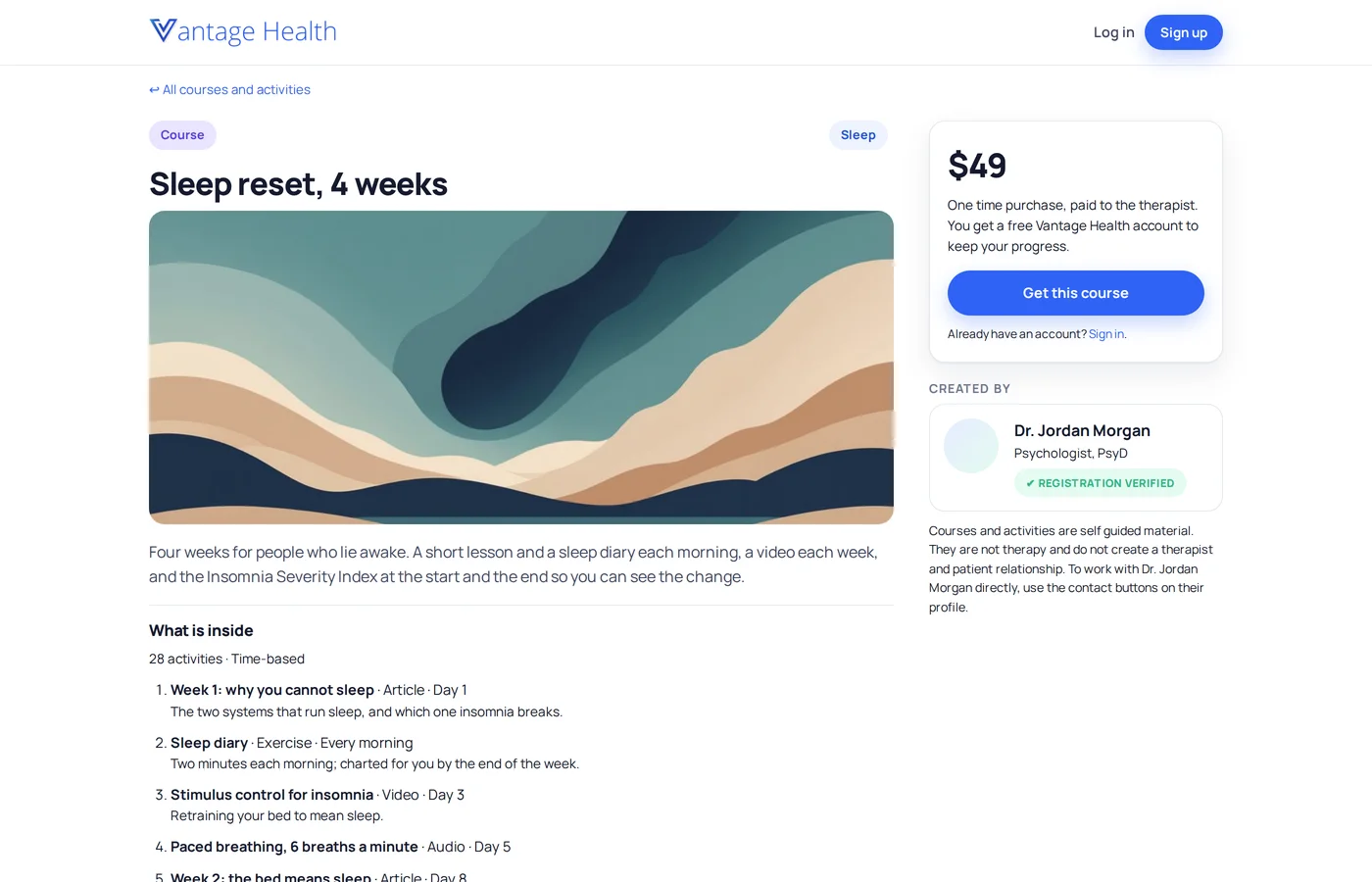 A public course page with the price, the outline and the Created by box linking to the therapist's profile