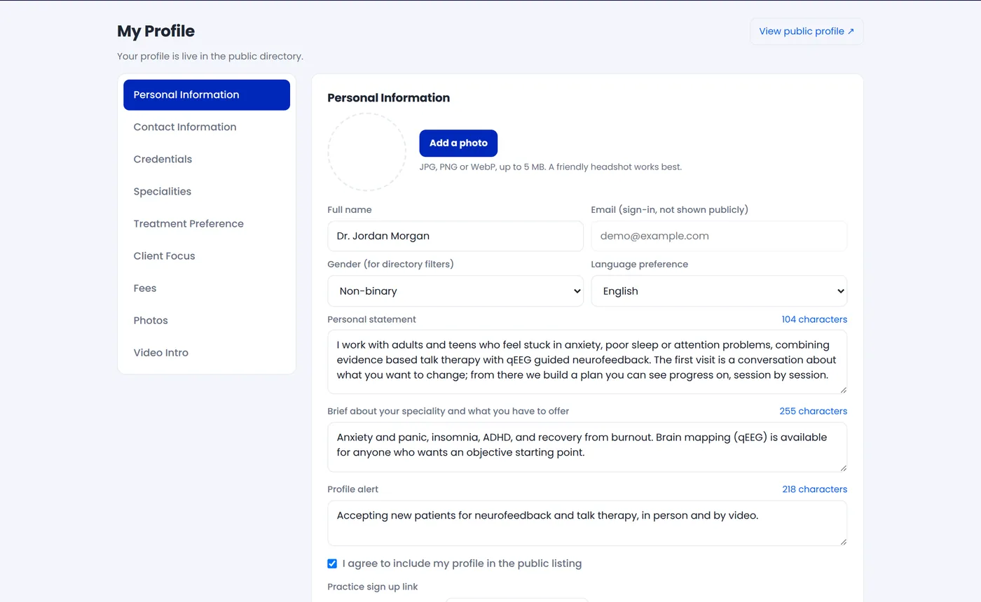The My Profile page, where the public directory listing is written
