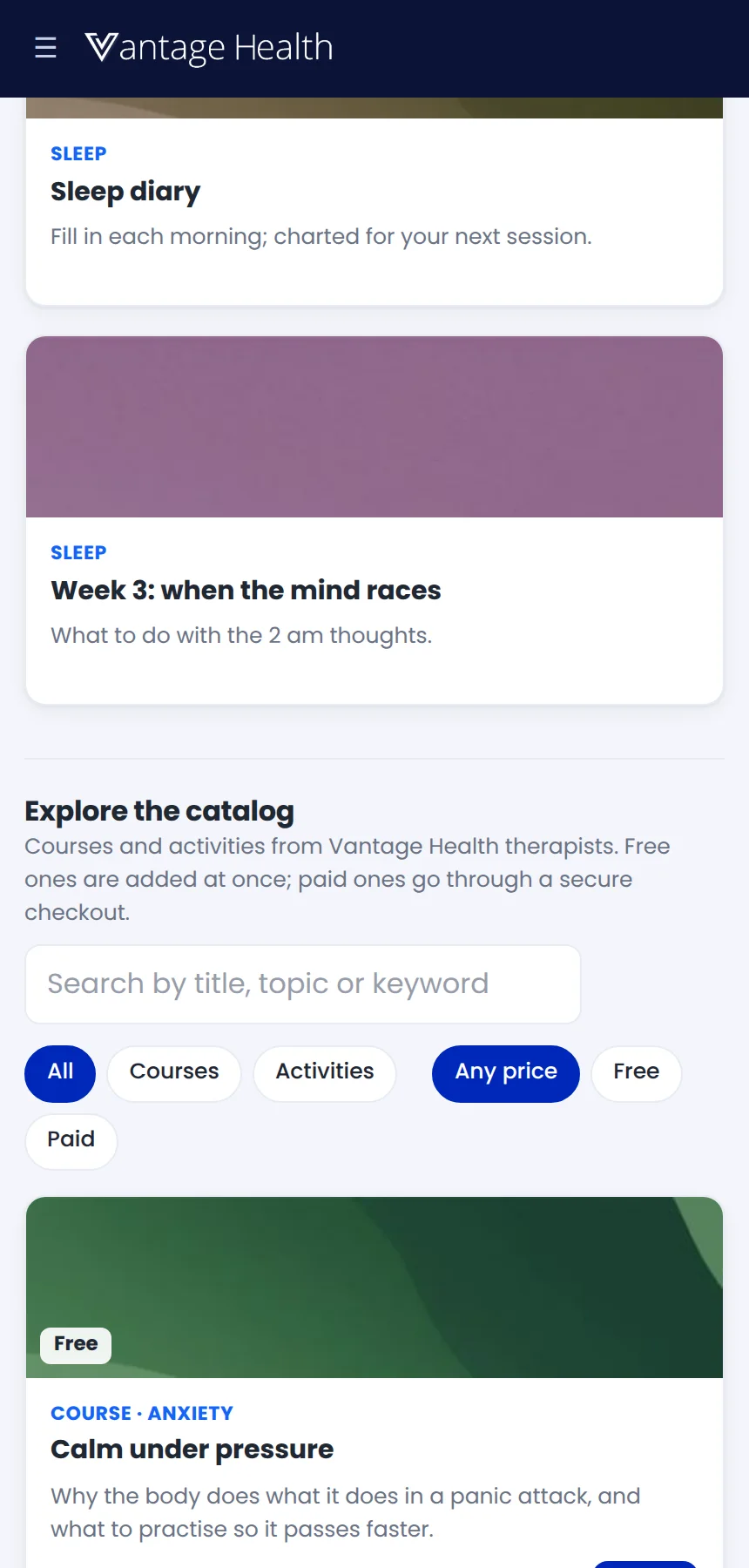 The patient's Wellness page with assigned activities and the catalog below