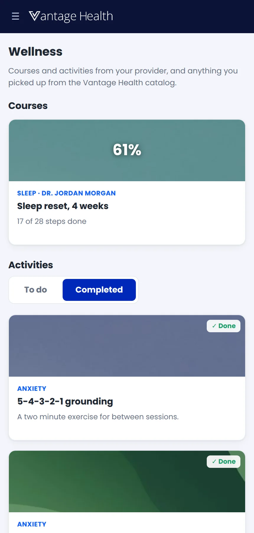 The patient portal Wellness page on a phone, with a course in progress and completed activities